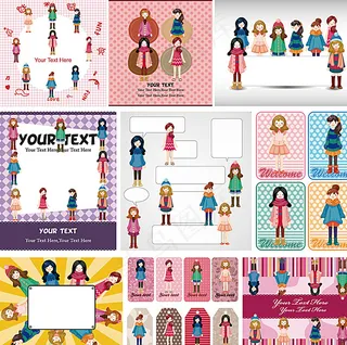 卡通女孩装饰卡片矢量素材图片