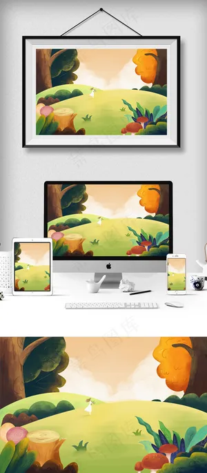 手绘小清新插画海报设计夏天草地装饰...