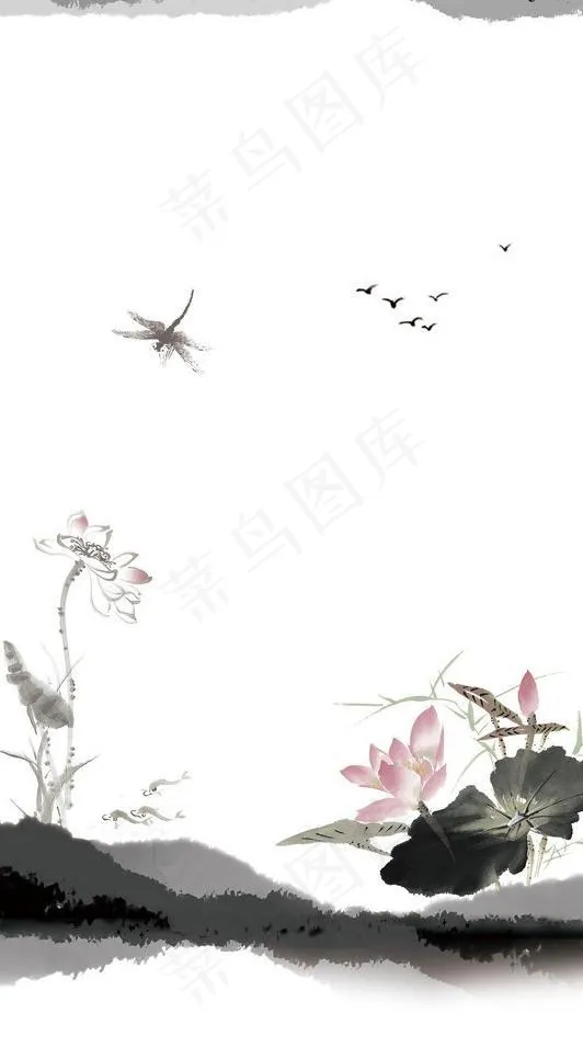 水墨荷花图片(7146X12402(DPI:150))psd模版下载
