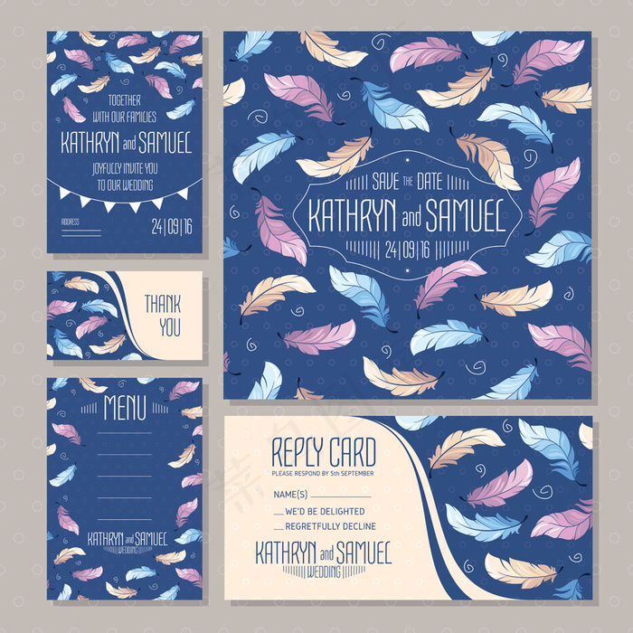 彩色羽毛婚礼请贴