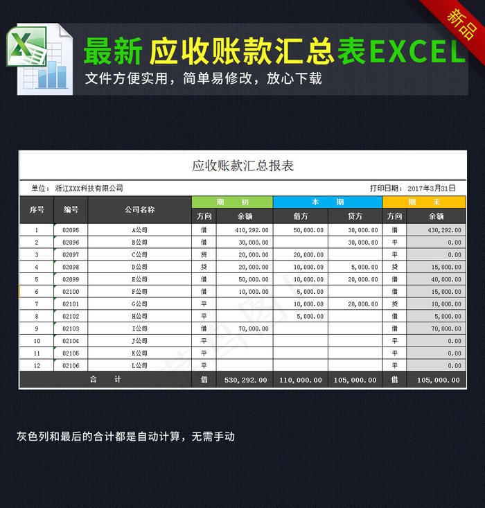 企业公司应收账款汇总报表excel...