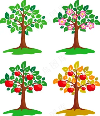 卡通四季苹果树矢量图