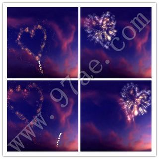 西阳下的烟火放出爱心形状