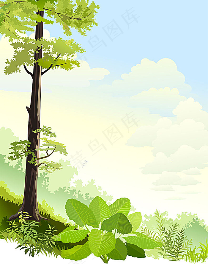 蓝天白云与植物风景插画eps,ai矢量模版下载