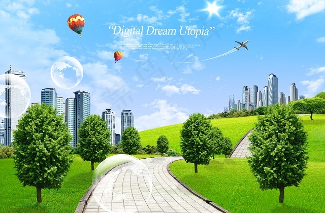 草地上的绿树和石板路