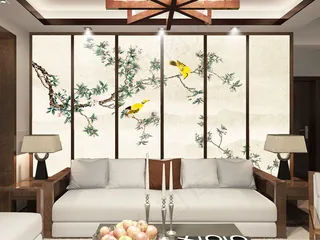 新中式电视背景墙桃花花鸟psd分层...