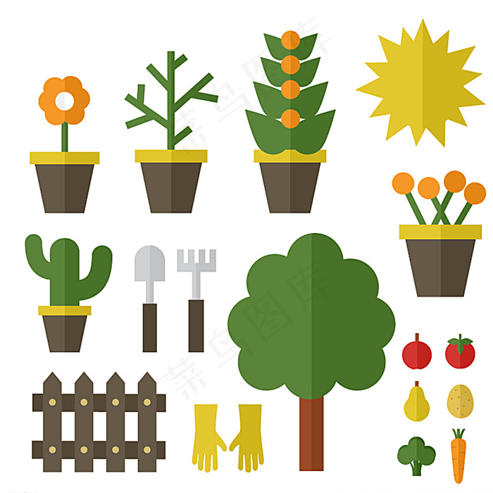 花园植物与工具矢量素材图片