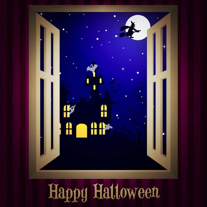 看着窗外的鬼屋万圣节卡片矢量格式