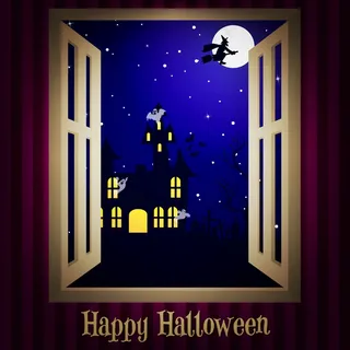 看着窗外的鬼屋万圣节卡片矢量格式