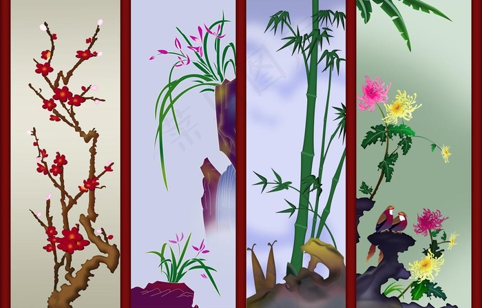 梅兰竹菊（合层）图片(9071X6306(DPI:72))psd模版下载