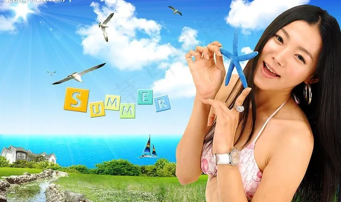 美女 蓝天白云 房子 绝招广告...(4300X2800(DPI:300))psd模版下载