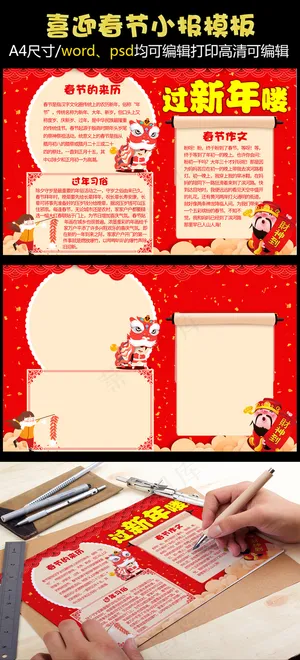 红色喜迎元旦春节小报电子小报模板