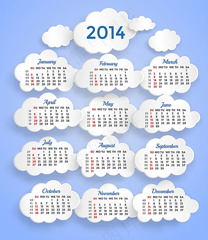 2014年云朵式挂历设计eps,ai矢量模版下载