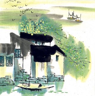 古风山水水墨小房子树木