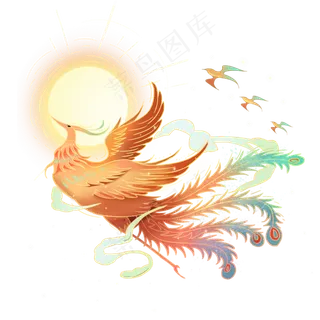 国潮风格五彩祥云金色凤凰,免抠元素