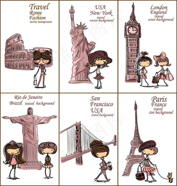 手绘旅游女孩漫画矢量素材