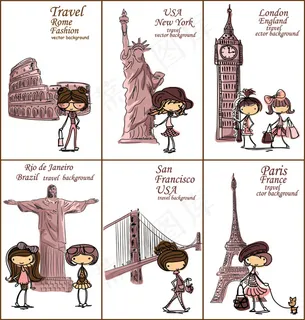 手绘旅游女孩漫画矢量素材