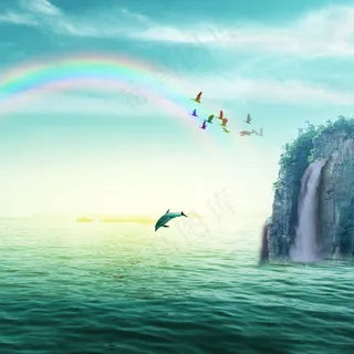 海水海鸥海豚山彩虹素材