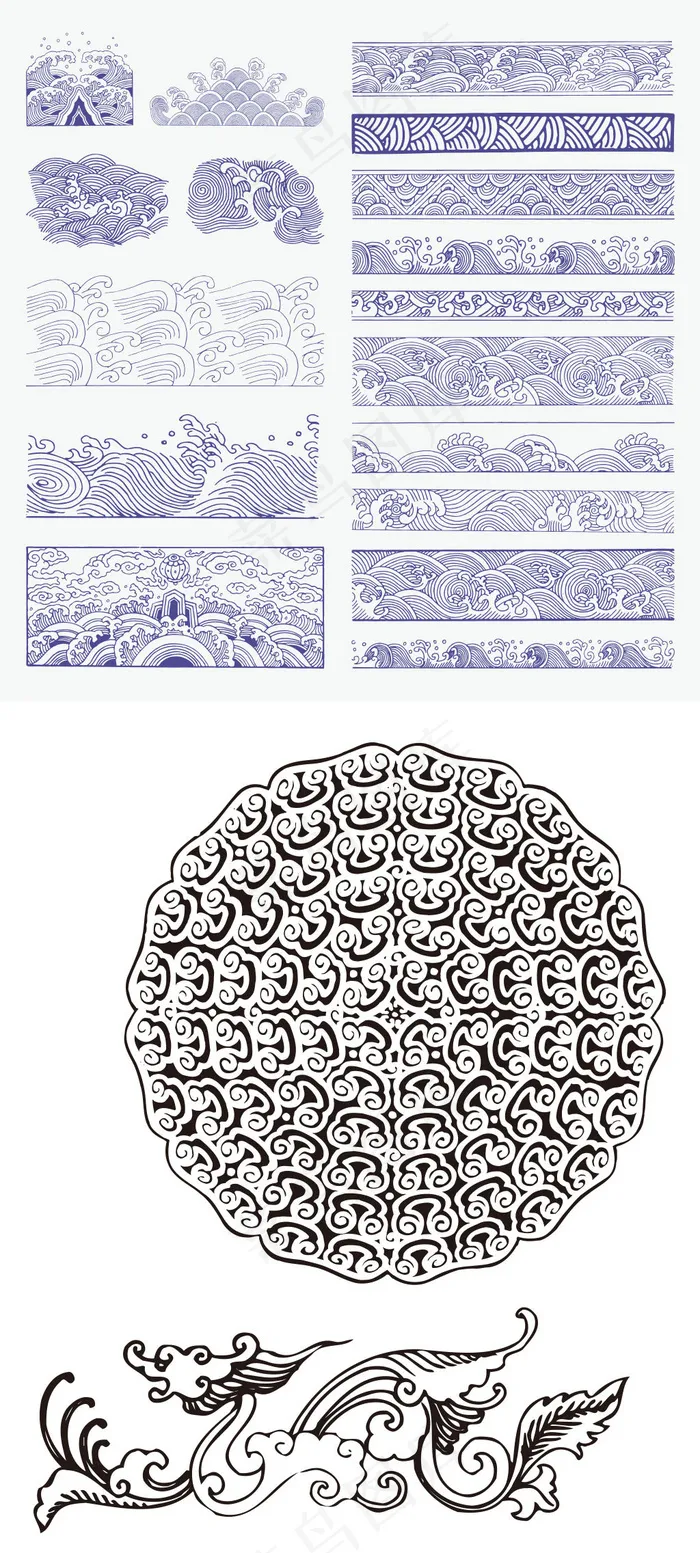 青花瓷图案浪花纹波浪龙纹图案素材ai矢量模版下载