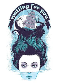 帆船与卡通美女插画