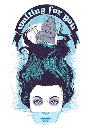 帆船与卡通美女插画