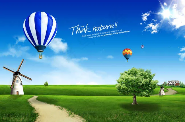 草地上的绿树和热气球psd模版下载