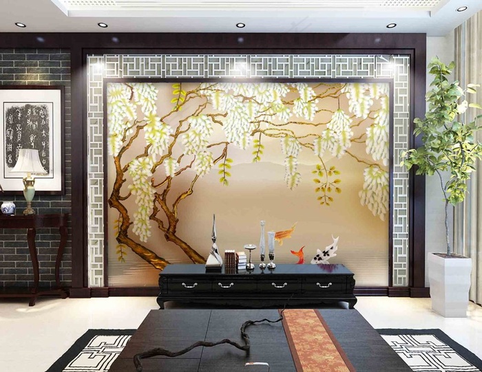 中式鱼玉兰花电视背景墙