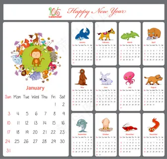 2016年可爱猴年动物年历矢量图 2016年可爱猴年动物年历矢量图