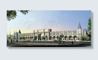 临街建筑与行人效果图