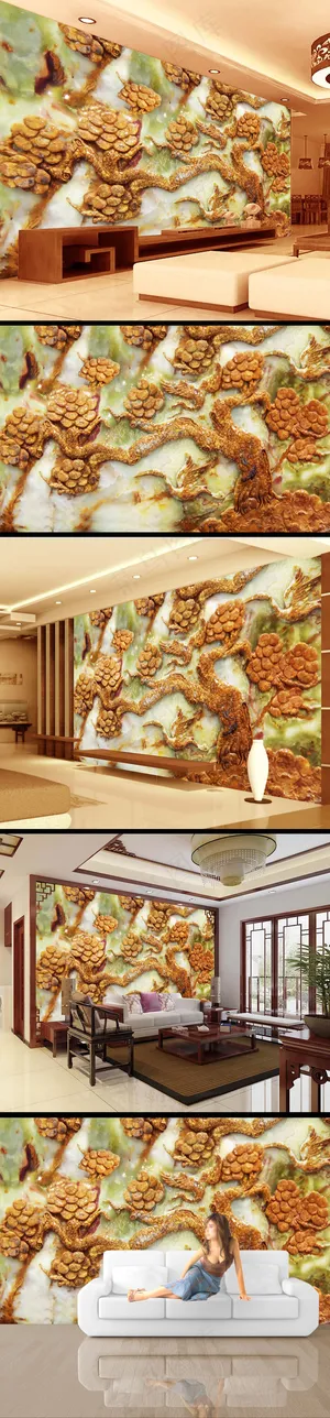 大理石迎客松玉雕电视墙