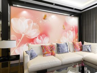 粉色手绘花卉唯美清新电视机背景墙设...