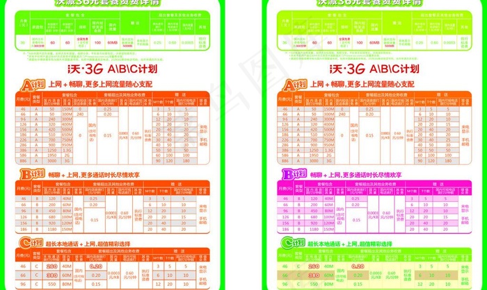 联通3g资费表图片cdr矢量模版下载