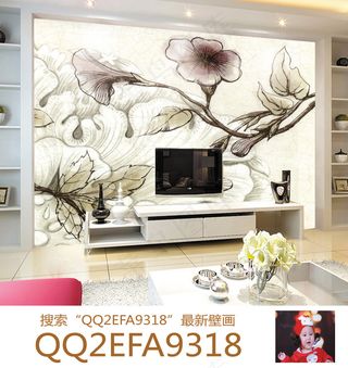 牡丹中式手绘背景墙