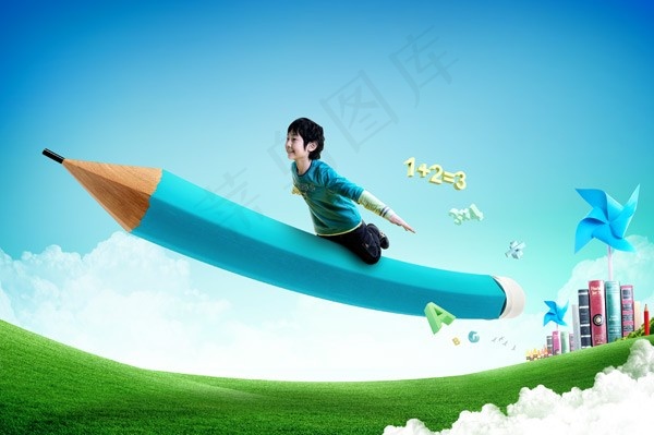 乘坐铅笔飞的儿童素材