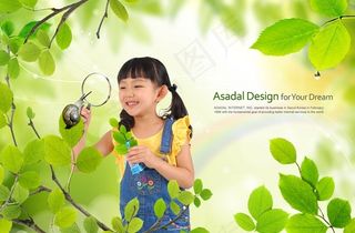 观察蜗牛的女孩图片素材（psd分层）