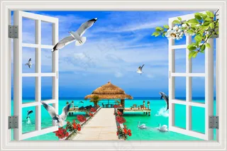 3D立体窗外大海风景电视背景墙沙发...