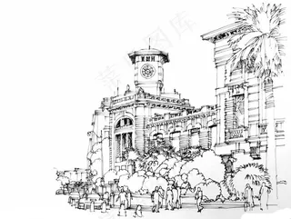 手绘建筑速写矢量素材