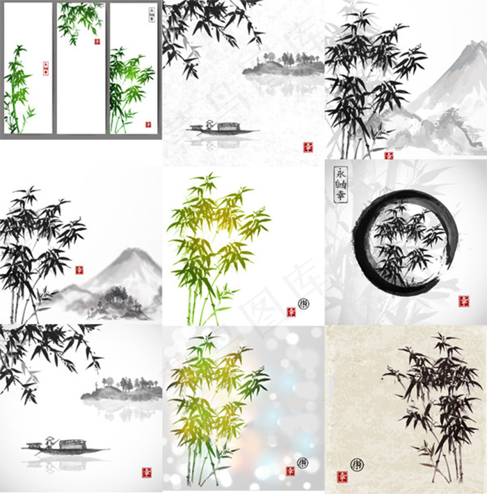 水墨山水竹子国画矢量设计