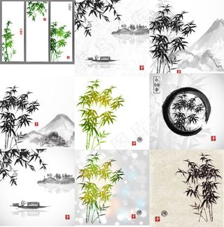 水墨山水竹子国画矢量设计