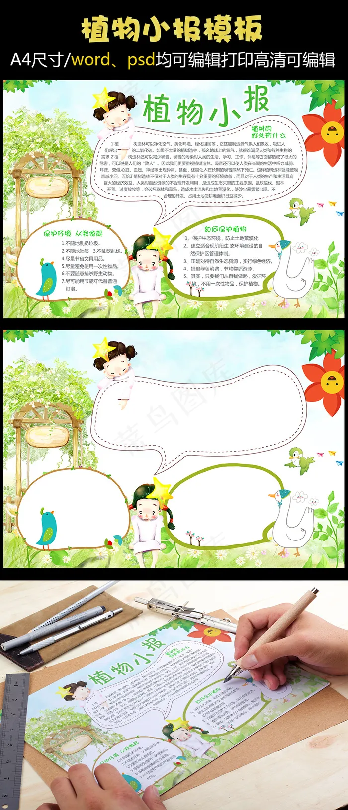 爱护植物小报模板动植物手抄报模板(4959X3508(DPI:300))psd模版下载