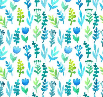 清新蓝绿色水彩花朵无缝背景矢量素材...