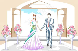 卡通手绘新人情侣插画矢量素材