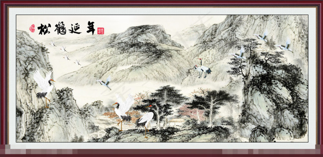 松鹤延年山水画图片(7708X3771(DPI:300))psd模版下载