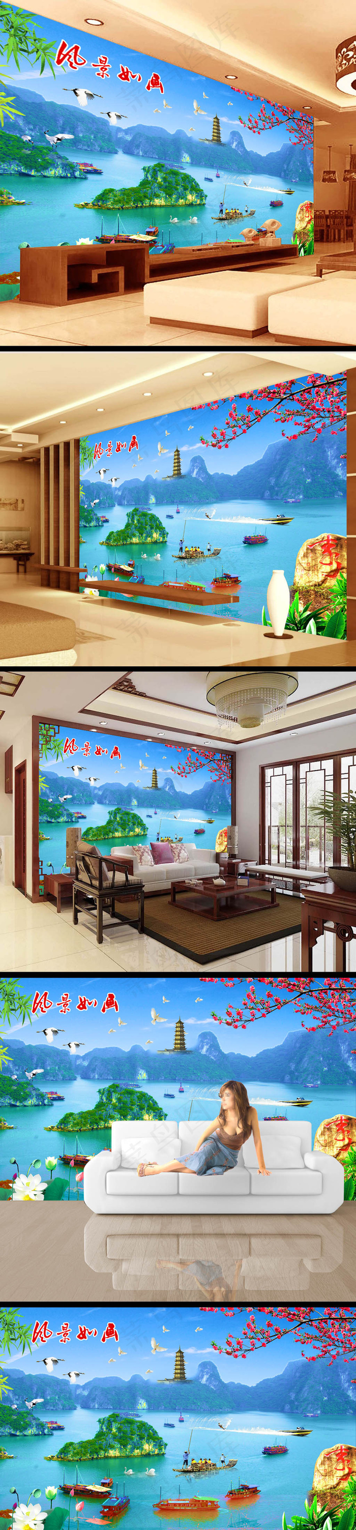 中国风湖水风景画电视墙壁画