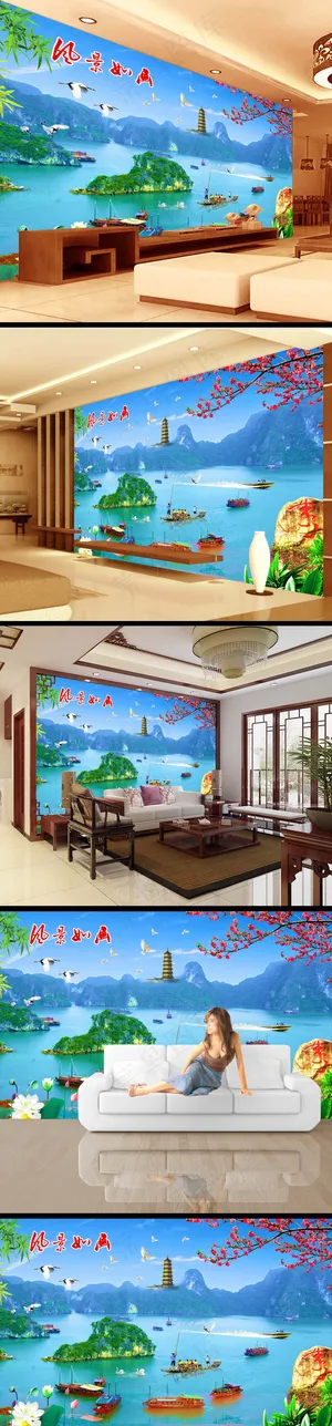 中国风湖水风景画电视墙壁画 中国风湖水风景画电视墙壁画