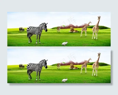 绿色小清新动物世界斑马长颈鹿草地无...
