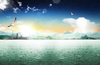 蓝天白云下海上的飞鸽飞翔