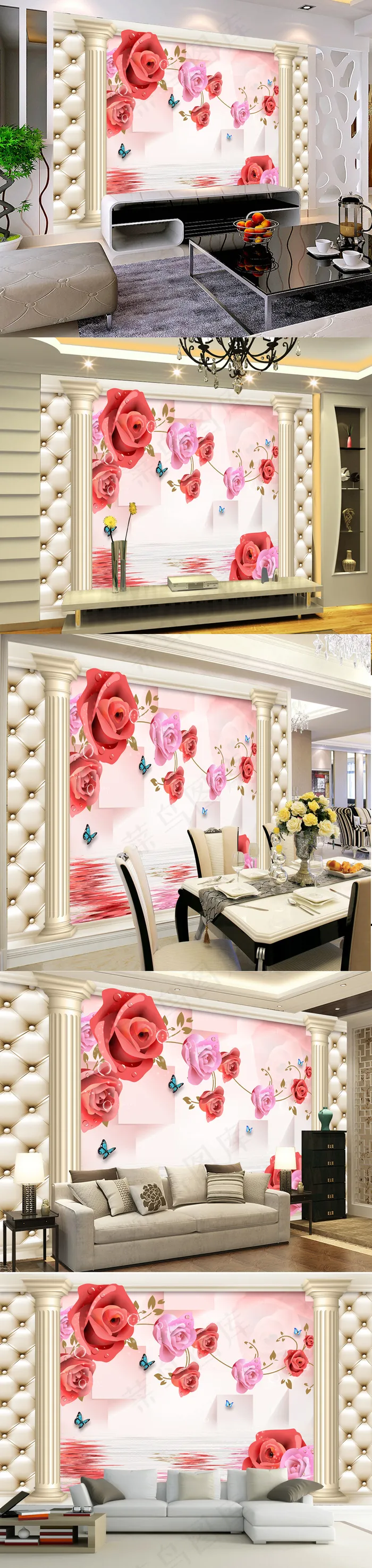 玫瑰倒影软包3D立体电视背景墙(9071X5669(DPI:72))psd模版下载