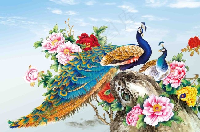 花开富贵孔雀图