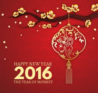 2016金色梅花卡通猴灯笼红色背景